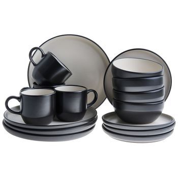 Vajilla De 16 Piezas De Gres Elegante Cocina Y Comedor Para 4 Personas Acabado Esmaltado Negro Nutmeg