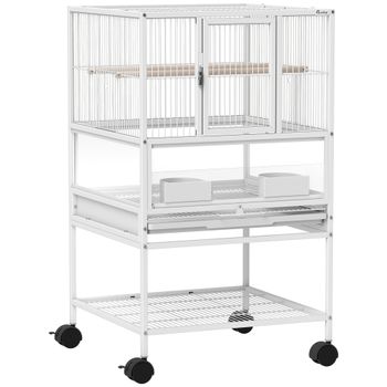 PawHut Jaula para Pájaros con Paneles Acrílicos Comederos Soporte Ruedas y Estante Inferior 48x46x83 cm Blanco