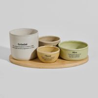 set de 4 cuencos para aperitivos con bandeja de madera de roble