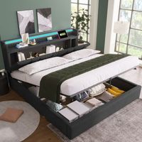 cama doble tapizada con cabecero de almacenamiento iluminacion led y carga usb somier de lamas de madera 160x200 cm gris