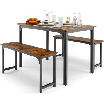 Juego De Mesa De Comedor De 3 Piezas, Mesa De Comedor Costway 110 X 70 X 75 Cm Marrón