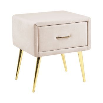 Mesa De Noche De Terciopelo Beige Claro Dorado 46 X 38 Cm Cajón Dormitorio Flayat