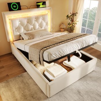 Cama Con Almacenaje De 90 X 200 Cm Con Cabecero - Tapizada En Terciopelo - Luces Led - Puertos Usb Y Tipo C - Beige (colchón No Incluido)