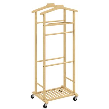 HOMCOM Galán de Noche de Bambú con Ruedas Colgadores Barras para Pantalones Bandeja y Zapatero 47x33,7x105,5 cm Natural