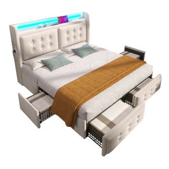 Cama Tapizada 140 X 200 Cm Con 4 Cajones, Cabecero Led, Toma Usb Tipo C - Tejido De Algodón - Beige (sin Colchón)