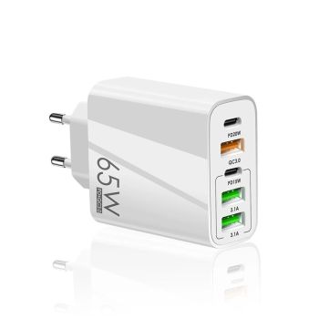 Cargador de pared F002 de 65 W y 5 puertos USB PD con 3 puertos USB-A y 2 puertos USB-C para carga rápida. Enchufe EU. C