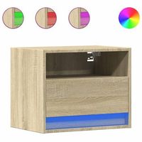 mesita de noche de pared con luces led con cajon y compartimento abierto en madera contrachapada color roble dec034187