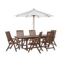 conjunto de jardin rustico 6 plazas mesa extensible sillas reclinables madera acacia oscura con sombrilla beige amantea - madera oscura