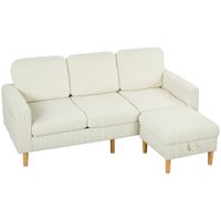 homcom sofa 3 plazas con reposapies sofa de terciopelo acanalado asiento y respaldo acolchados 192x138x85 cm beige