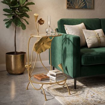 Mesa de centro con 2 estantes de metal dorado y cristal cm ø 40x78