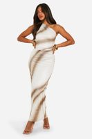 vestido maxi de malla estampado con un hombro descubierto beige