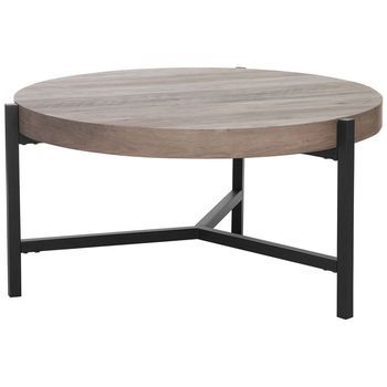 Mesa De Centro Con Tablero De Madera Gris Pardo Patas De Metal Negro 70 Cm Redonda Moderna Para Salón Industrial Bonita