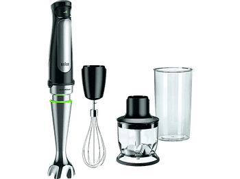 Batidora de mano - Braun Minipimer 7 MQ7025X, 1000 W, Vaso 0.6 l, ActiveBlade, Easy Click Plus, SplashControl, 3 accesorios + Picadora, Negro/Acero
