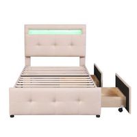 cama tapizada 90x200 individual con cajones y luces led estructura de lino beige