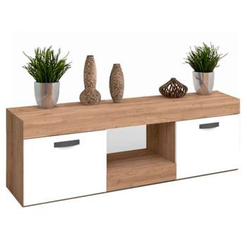 Mesa Tv Argos 2 Color Blanco Y Naturale 2 Puertas Salón Comedor Módulo Estilo Moderno 49x150x40 Cm