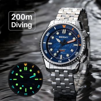 Reloj de buceo automático BERNY para hombre, reloj de lujo con zafiro 316L, esfera New Wave, resistente al agua hasta 200M, relojes mecánicos de buceo para hombre