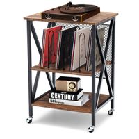 costway mesa auxiliar 3 niveles estante de discos rodante soporte de almacenamiento de vinilo 3 divisores ruedas para salon dormitorio marron