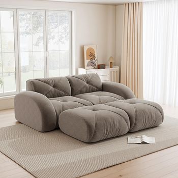 Sofá Modular 2 Plazas Con 2 Pufs, Sin Marco Antideslizante Marrón Para Salón Y Apartamento