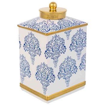 Jarrón De Cerámica  Blanco Y Azul, 15,5x12,5x26h Cm