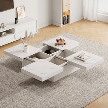 Mesa De Centro Cuadrada Blanca Con Efecto Mármol, 90 X 90 Cm, Tablero Deslizante Y 4 Cajones