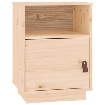 Mesita De Noche 40x34x55 Cm Madera Maciza De Pino (sin Tratar) Y Cuero Sintético (100 % Poliuretano) - Marrón