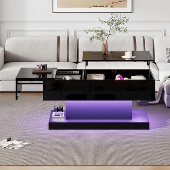 Mesa De Centro Elevable Hidráulica Negra Con Tablero Deslizante Y Led, 100 X 50 X 45 Cm