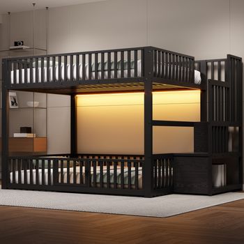 Litera 140x200 Cm Con Escalera De Almacenamiento Y Led, Negro