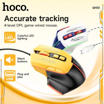 Ratón luminoso con cable para juegos HOCO de hasta 3600DPI con 7 botones, ratón silencioso ergonómico de Color LED dinámico para PC, portátil, hogar y oficina