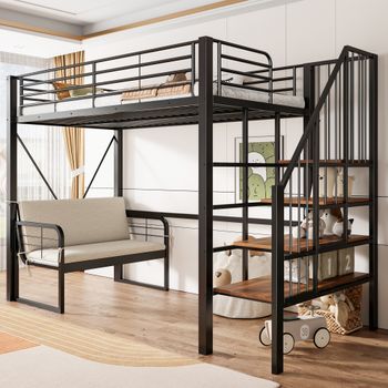 Cama Alta 90 X 200 Cm Con Escalera De Almacenaje Y Sofá 2 Plazas - Mdf + Metal - Carga Máxima 120 Kg - Negro (colchón No Incluido)