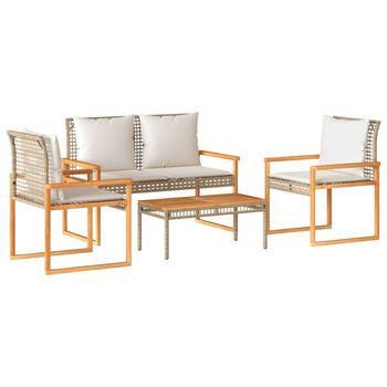 Set De Muebles Jardín Con Cojines Beige Mezcla 4 Uds | Mesa Y Sillas Ratán Pe
