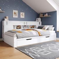 cama de 140x200 cm 2 cajonesarmario corredizoestantes ajustables marco empotrado antideslizante multifuncional para dormir color blanco