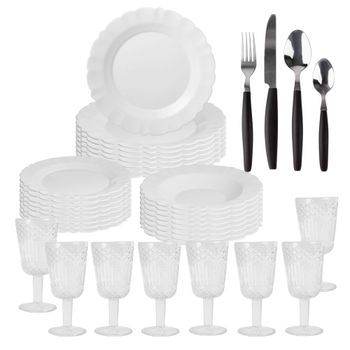 Vajilla Blanca De 24pzs + 8 Copas De Cristal 300ml + Cubertería De 32 Pzs