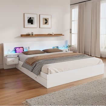 Cama Doble Adultos 180x200 Cm Madera Blanca Con Led, Usb, Toma De Corriente, Control Por App, 2 Mesitas Y Cajones, Sin Colchón.