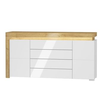 Bufé 2 puertas 4 cajones con led paneles laminados blanco y madera