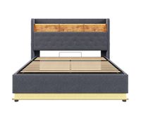 cama de lino con canape de 180x200 cm - con led y tomas usb - gris