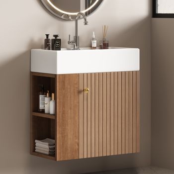 Mueble De Baño Con Lavabo De 55 Cm, Suspendido, Marrón Y Con Almacenaje Lateral