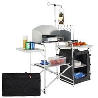 conjunto de cocina de camping con mesa plegable armario y paraviento tekmaquinas
