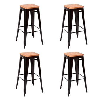 Set 4 Taburetes De Acero Galvanizado Negro Con Asiento De Madera En Color Natural De Estilo Industrial