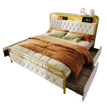 Cama Tapizada 180 X 200 Cm Con 2 Cajones Y Cabecero Contenedor - Tomas Usb Tipo C Y Led - Terciopelo - Blanco (sin Colchón)