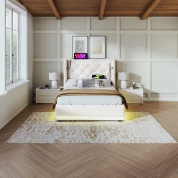 Cama Individual Tapizada Con Almacenamiento Hidráulico, Cabecera Tapizada Con Carga Usb Tipo-c, Led En 3 Lados, Beige Algodón, 90x200 Cm