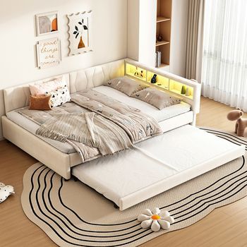 Cama De Descanso 140x200 Cm Cama De Día Sofá Cama Compartimento De Almacenamiento Junto A La Cama Usb+tipo C Mando A Distancia Para Iluminación Led De Ambiente Cama Con Cama Nido Cama Con Somier De Listones (sin Colchón) Ropa De Hogar Beige