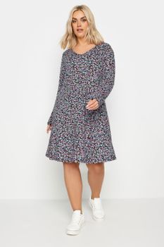 Yours Vestido Mini Negro Floral De Manga Larga, Mujer Curvy Y Tallas Grandes, Yours