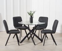 mara 100cm round glass dining table with dexter faux leather chairs