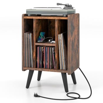 Costway Soporte para Tocadiscos de Vinilo con 4 Estantes Abiertos Toma de Corriente y Puerto de Carga USB Estante de Exhibición Vintage
