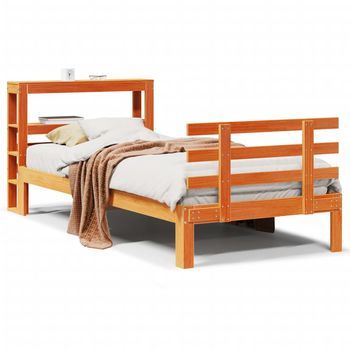 Cama Individual | Cama Para Adultos | Estructura Cama Con Cabecero Madera Pino Marrón Cera 90x200 Cm