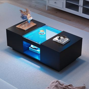Mesa De Centro Negra 100 X 50 X 35,5 Cm Con Iluminación Led Y Dos Cajones
