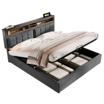 Cama De 140x200 Cm Con Cabecera Acolchada Ajustable, Armario Con 4 Compartimentos Y Espacio De Almacenaje Debajo, Latón De Madera Maciza, 1 Usb + 1 Usb-c + 2 Enchufes, Tela Oxford Anti-polvo, Sin Colchón