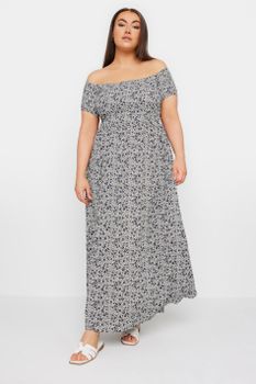 Yours Vestido Largo Bardot Gris De Florecitas, Mujer Curvy Y Tallas Grandes, Yours