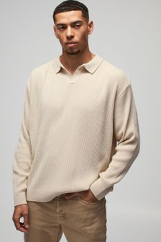 Polo Oversize De Punto Y Canalé Con Solapas, Beige