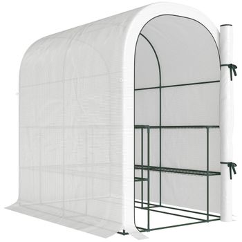 Outsunny Invernadero de jardín con estantes, 123x187x189cm, pequeño invernadero con puerta enrollable, cubierta de PE de alta densidad 140 g/m², blanco   Aosom España